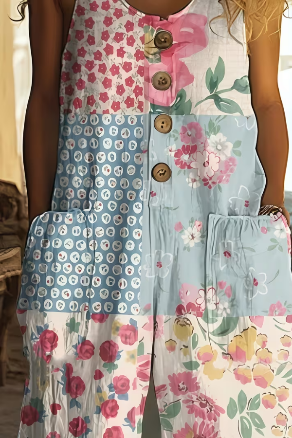 Vintage Floral Patchwork Wide Leg Button Front Jumpsuit