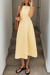 Striped Pleated Halter Neck Midi Dresses