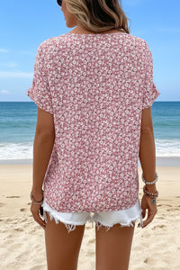 Floral Button-Front Split Neck Blouse