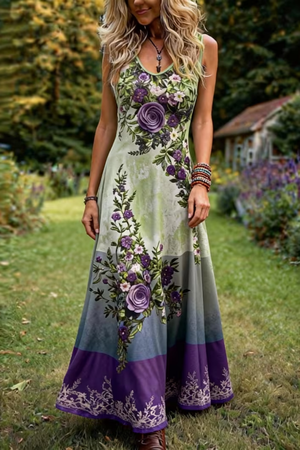 Retro Floral V Neck Maxi Dress