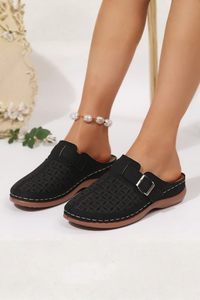 Perforated Buckle Slip On Mule Shoes