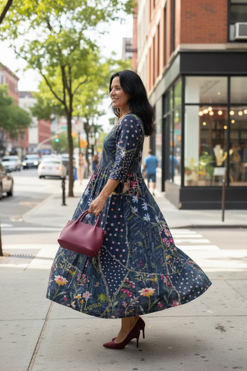 Floral Gather Midi Dress in Blue
