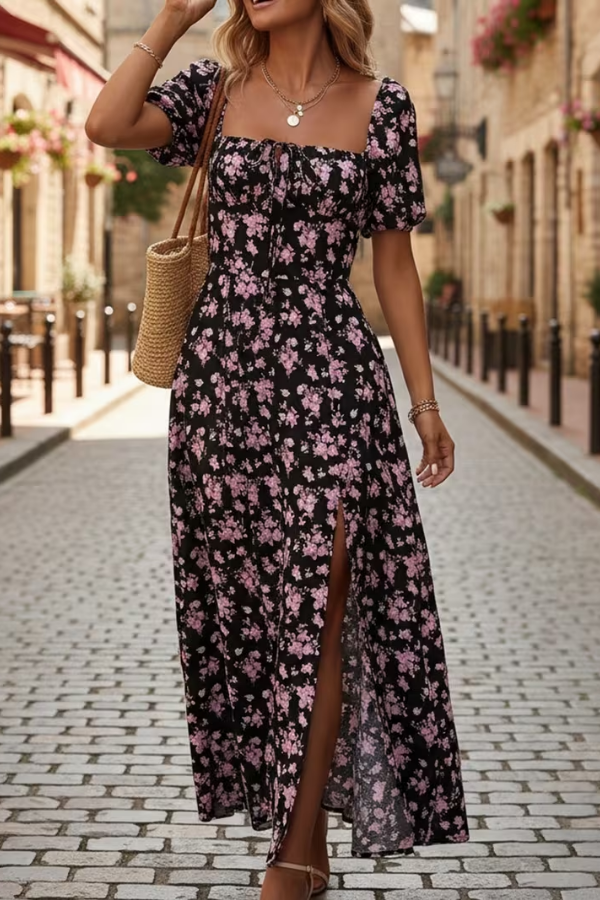 Floral Slit Design Midi Dress