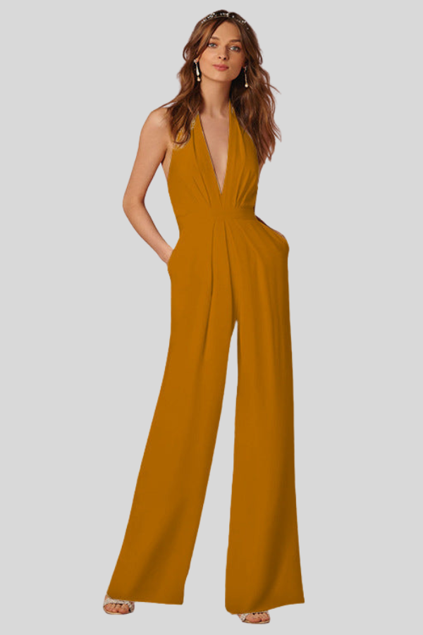 Deep V Neck Wide Leg Jumpsuit