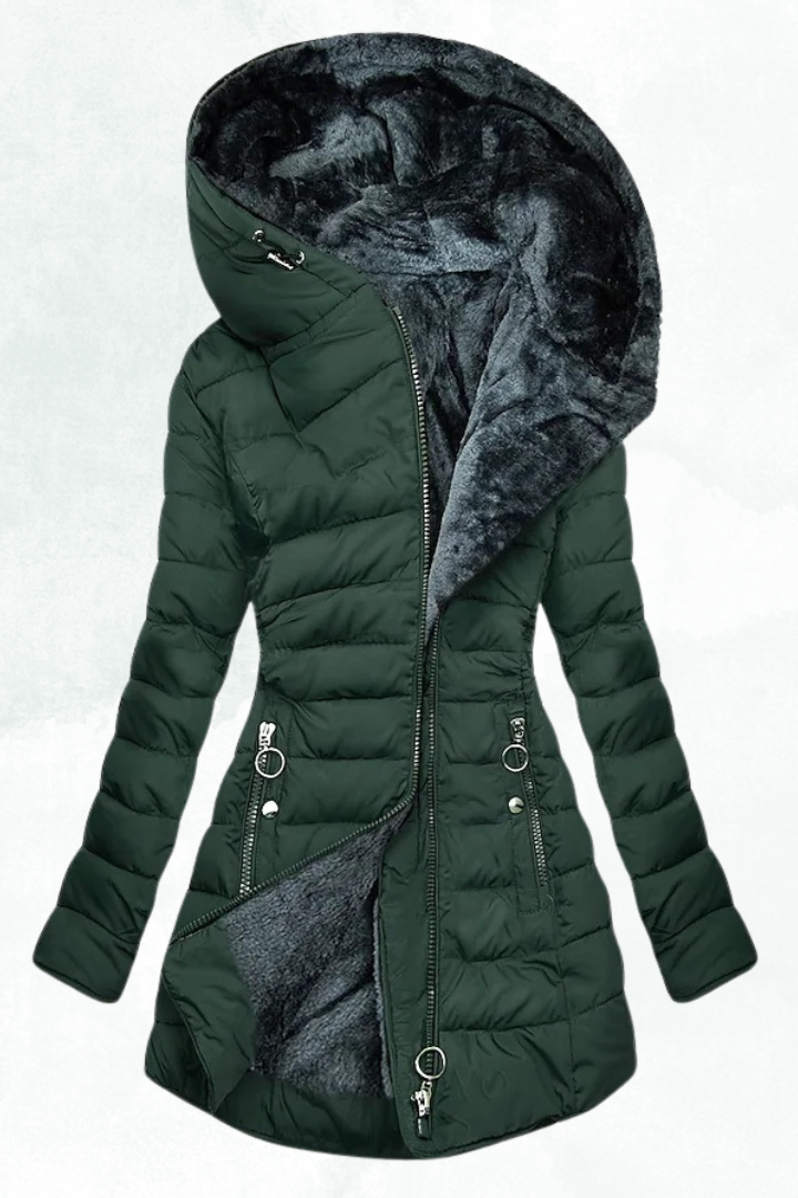 Hooded Longline Zip Front Quilted Coat