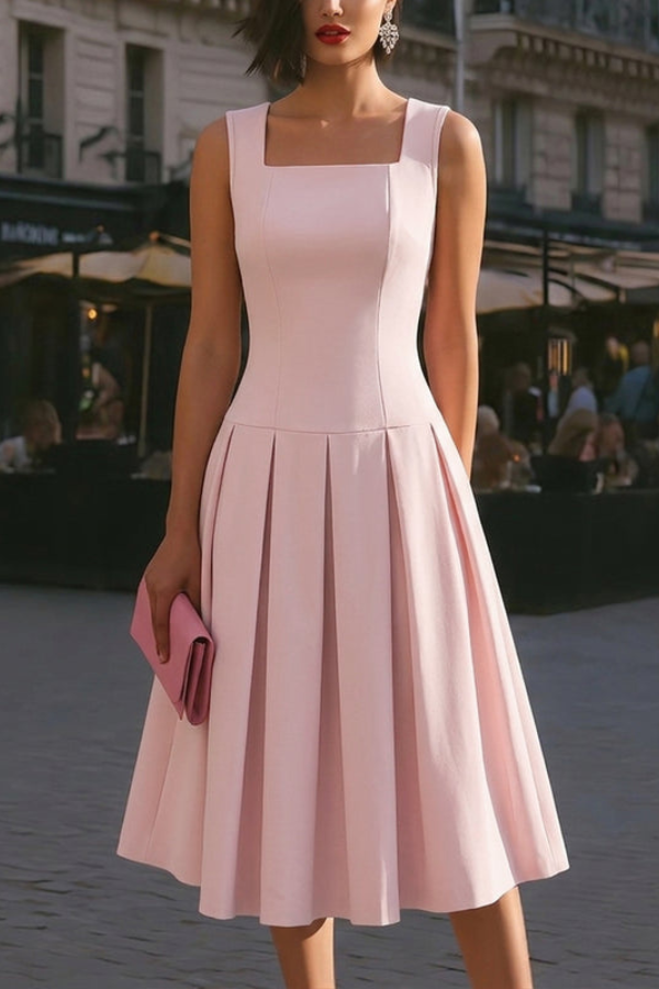 Square Pleated Midi Dresses Elegant