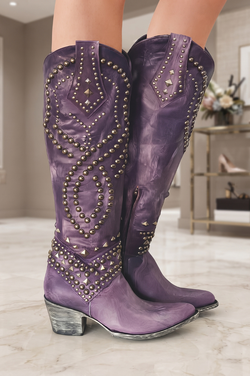 Studded Western Knee High Boots