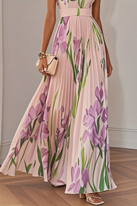 Floral Pleated Square-Neck Midi Dresses
