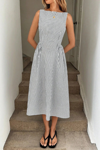 Striped Pleated Halter Neck Midi Dresses