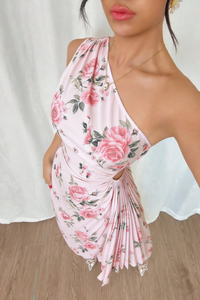 Floral One Shoulder Pleated Midi Dresses