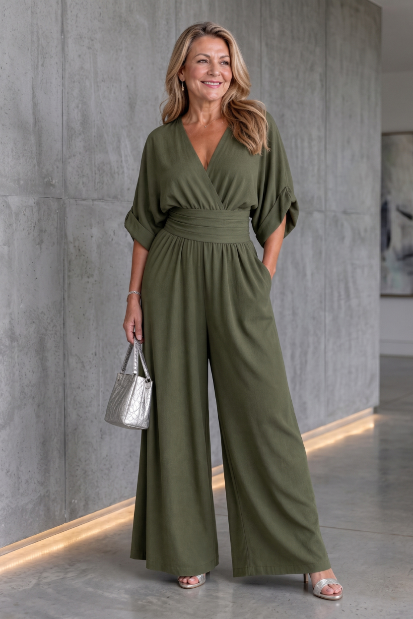 Relaxed Wide Leg V-Neck Jumpsuit
