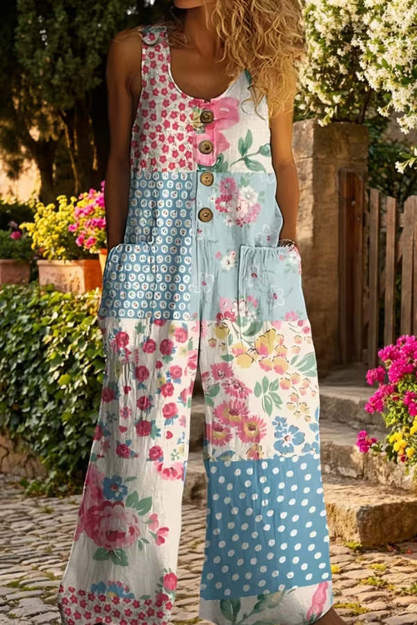 Vintage Floral Patchwork Wide Leg Button Front Jumpsuit