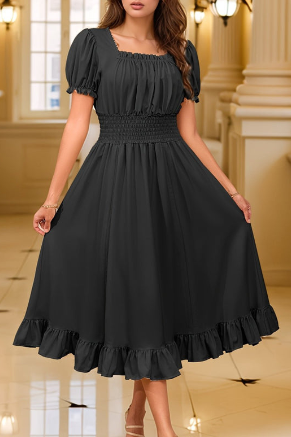 Elegant Pleated Square Neck Midi Dresses