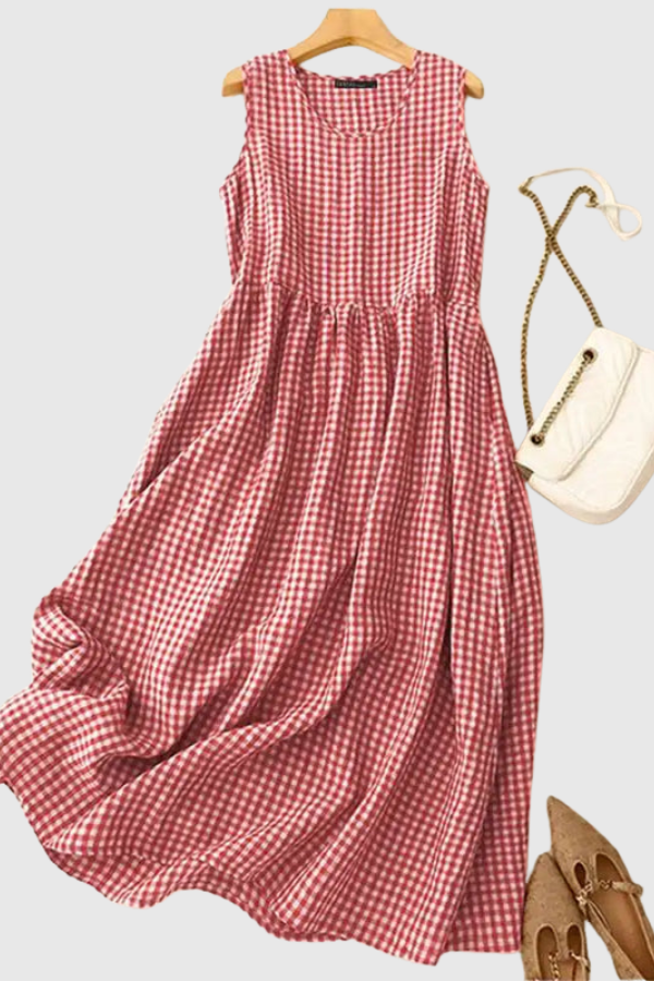 Plaid Pleated Halter Neck Midi Dresses