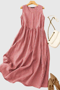 Plaid Pleated Halter Neck Midi Dresses