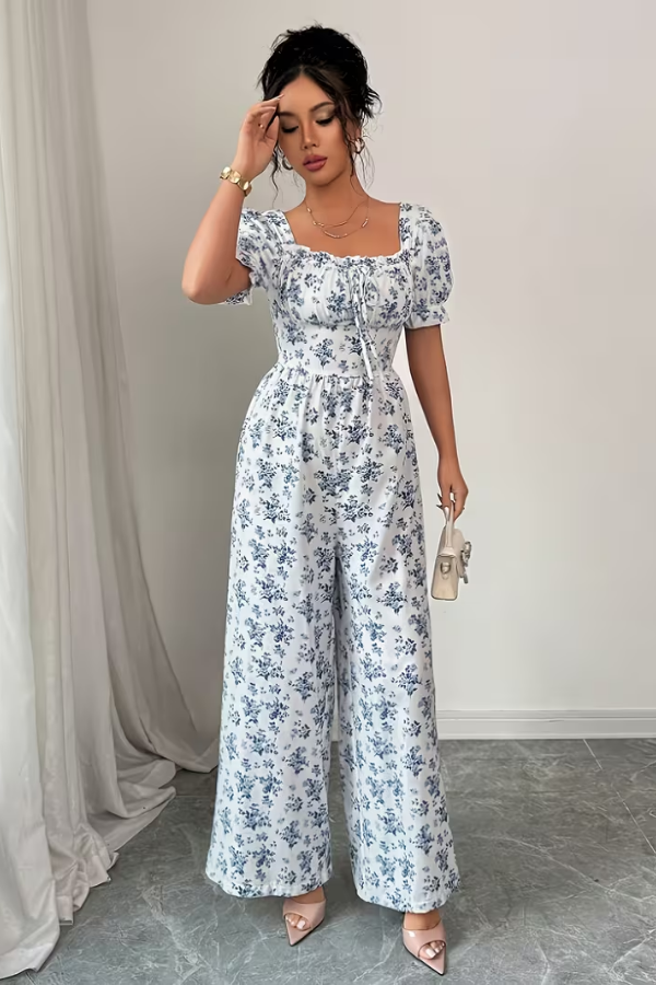 Floral Square Neck Puff Sleeve Jumpsuit