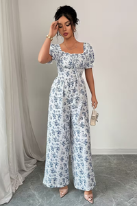 Floral Square Neck Puff Sleeve Jumpsuit