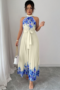 Floral Pleated Square Neck Midi Dresses