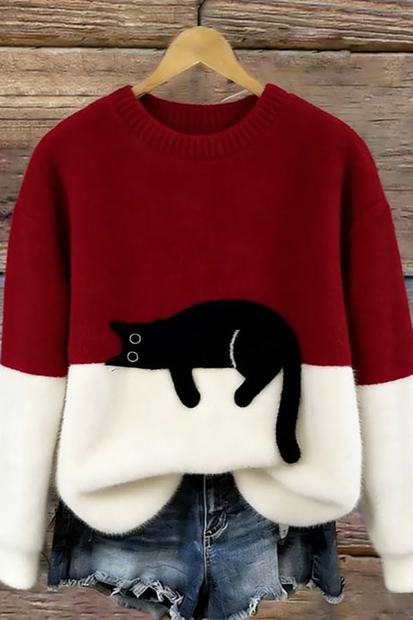 Casual Cat Pattern Knit Sweater