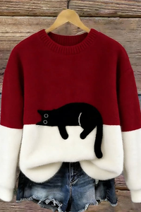 Casual Cat Pattern Knit Sweater