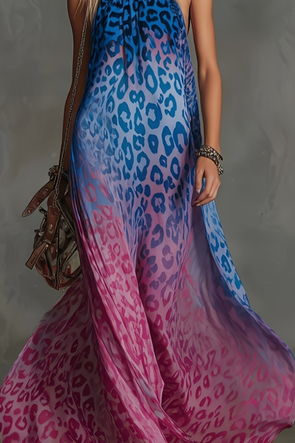 Leopard Halter Neck Keyhole Maxi Dresses