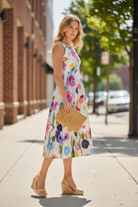 Elegant Floral Midi Dress with Timeless Sleeveless Style