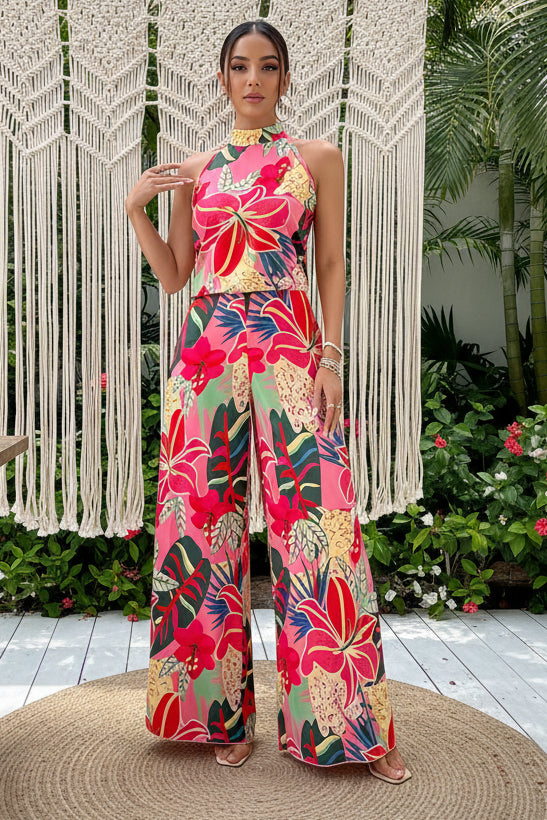 Printed Halter Outfit with Flowing Long Pants