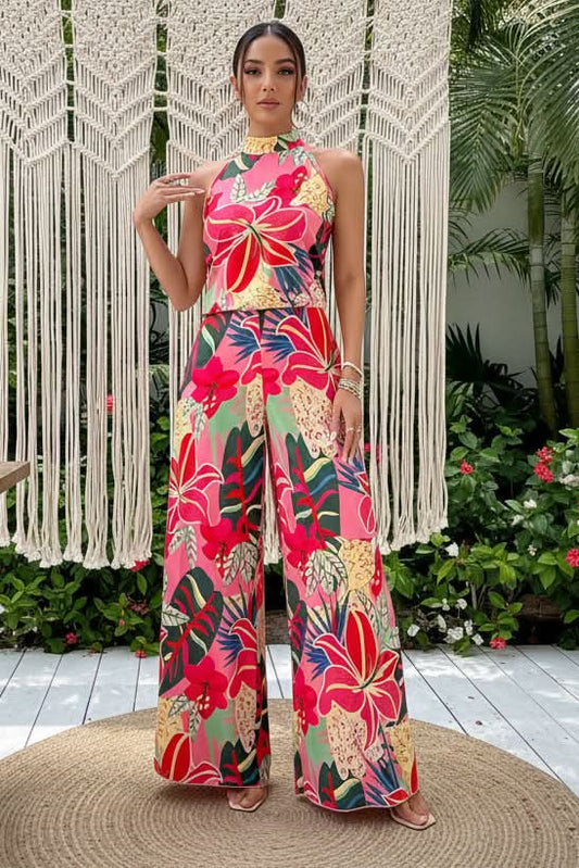 Bedrucktes Halter-Outfit mit fließenden langen Hosen