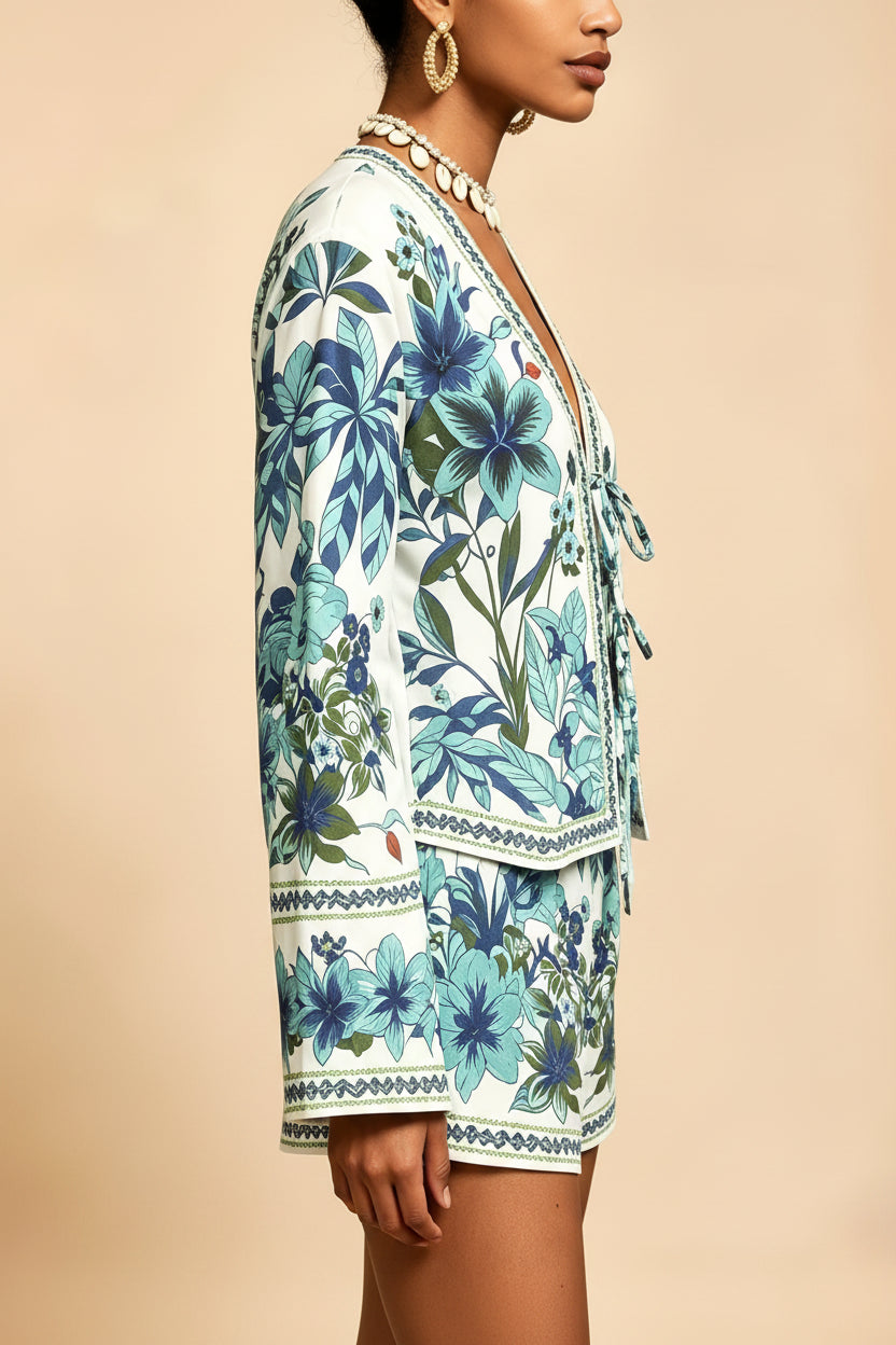 Printed Long Sleeve Shirt and High-Waist Shorts Set
