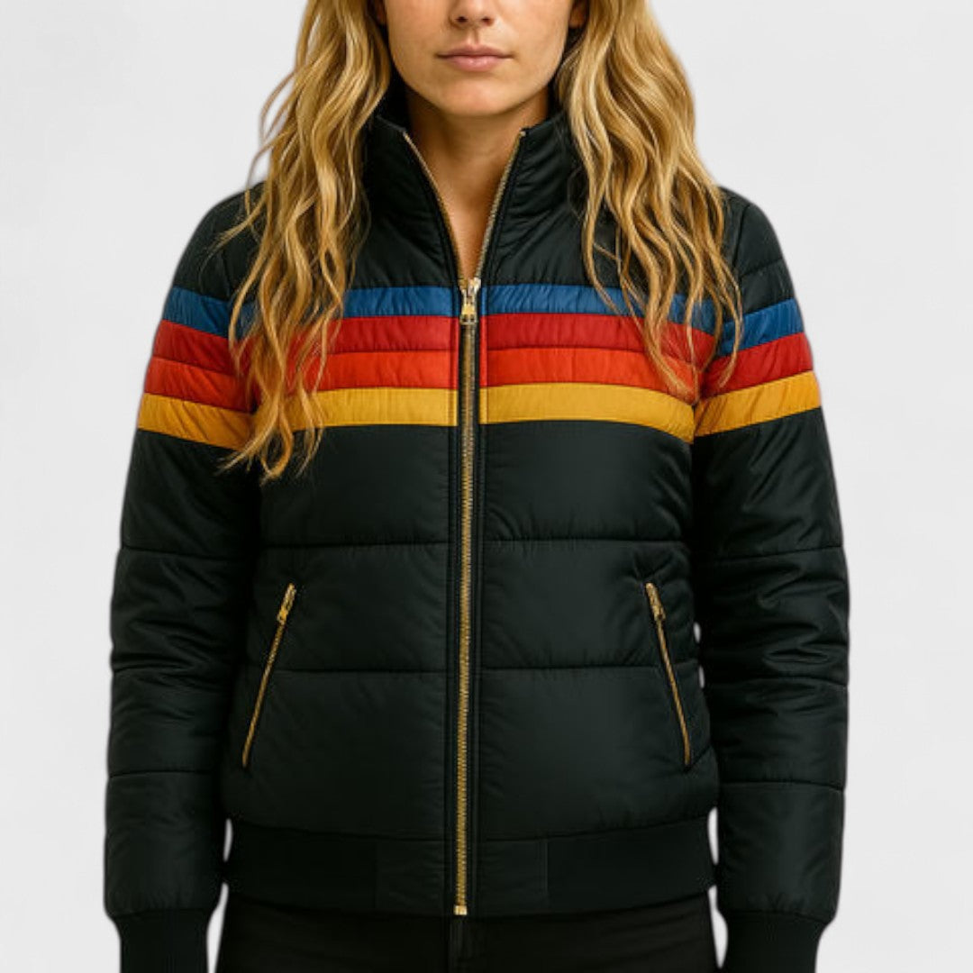 Quilted Striped Zip Front Puffer Jacket