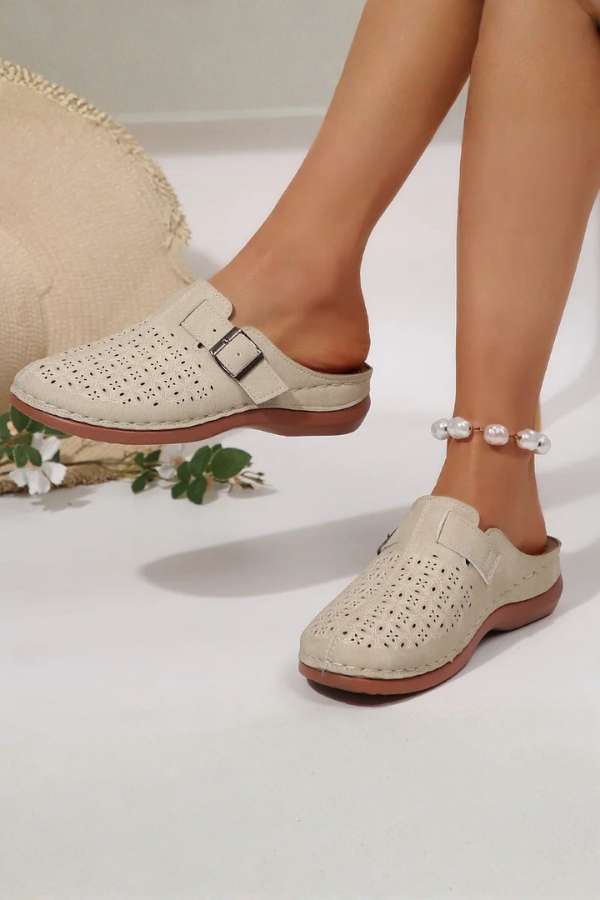 Perforated Buckle Slip On Mule Shoes