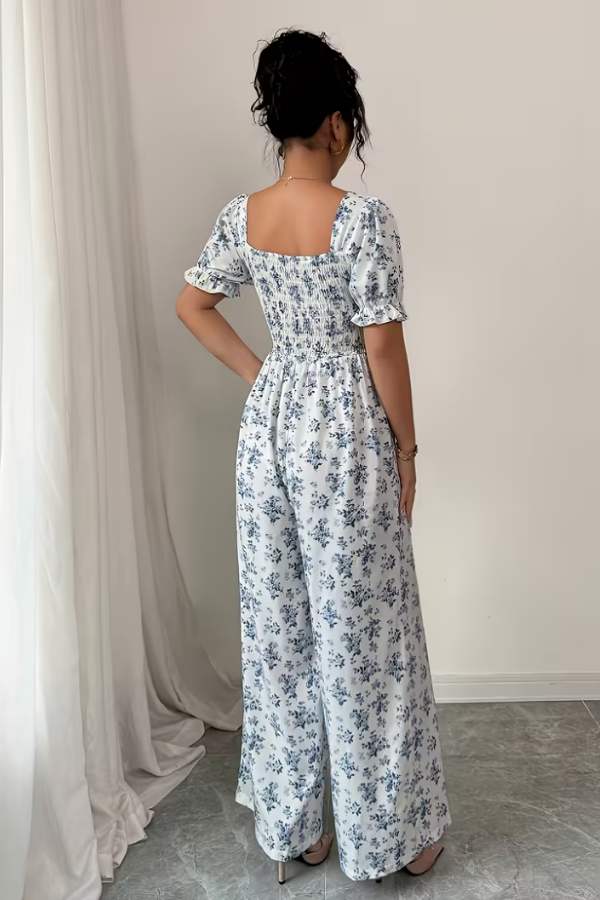 Floral Square Neck Puff Sleeve Jumpsuit