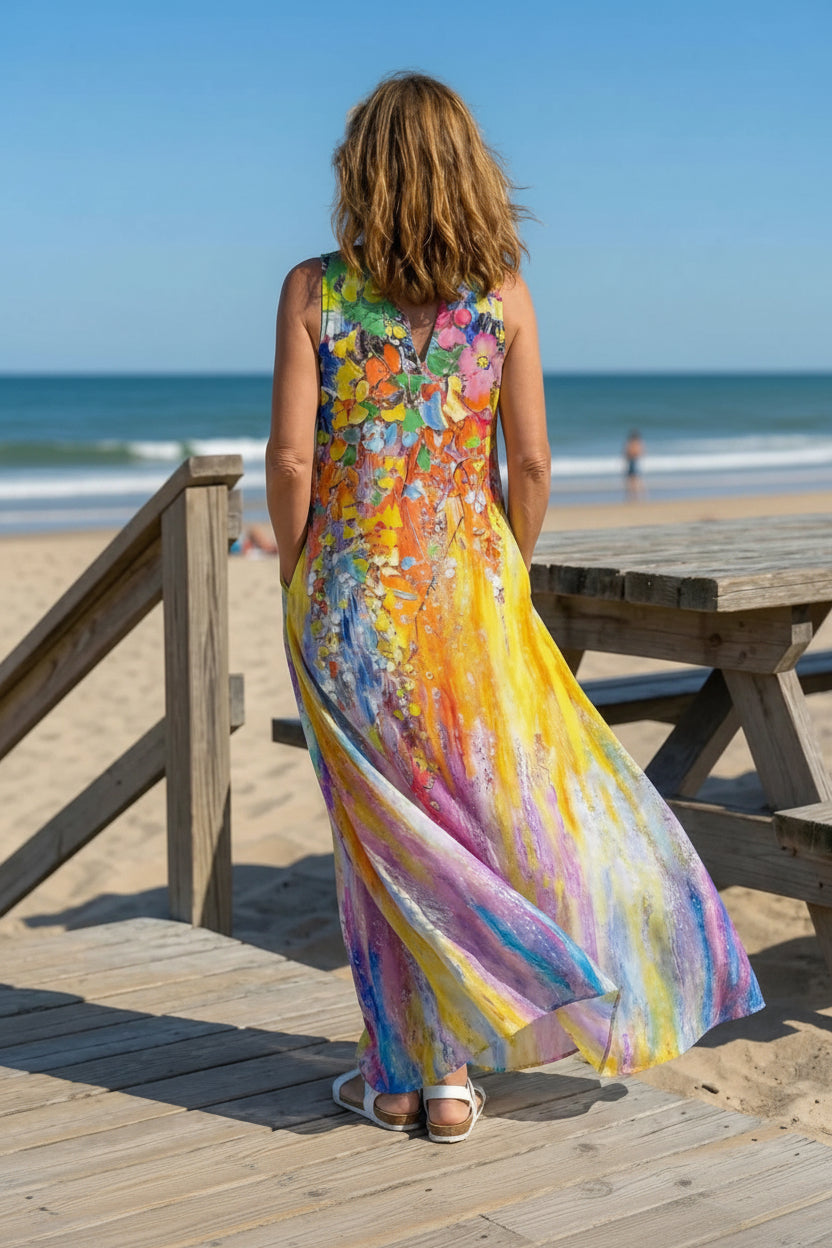 Maxikleid mit Multicolor-Print und offenem Schnitt