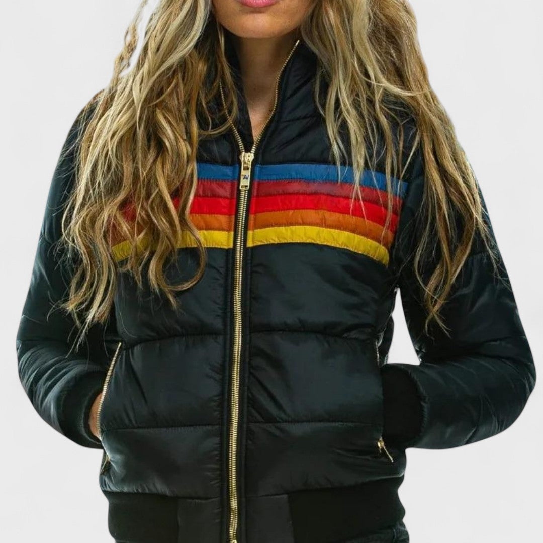 Quilted Striped Zip Front Puffer Jacket