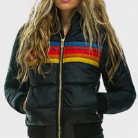 Quilted Striped Zip Front Puffer Jacket