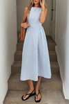 Striped Pleated Halter Neck Midi Dresses
