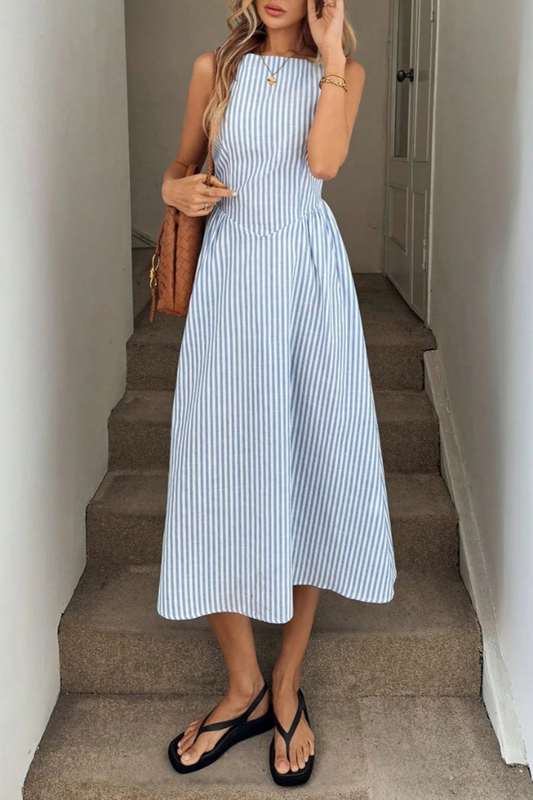 Striped Pleated Halter Neck Midi Dresses