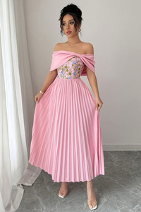 Embroidered One Shoulder Pleated Midi Dresses