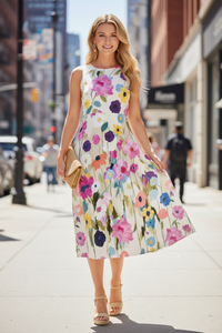 Elegant Floral Midi Dress with Timeless Sleeveless Style