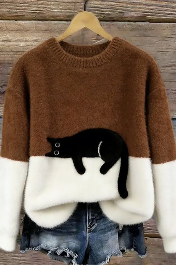 Casual Cat Pattern Knit Sweater