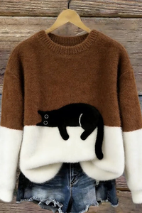 Casual Cat Pattern Knit Sweater