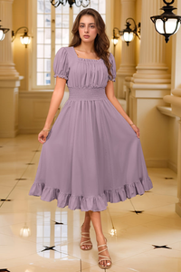 Elegant Pleated Square Neck Midi Dresses