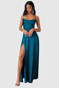 Backless Draped Neck Evening Gown