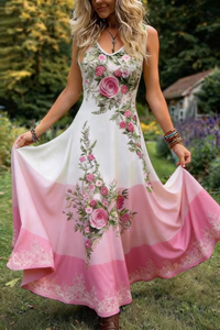Retro Floral V Neck Maxi Dress