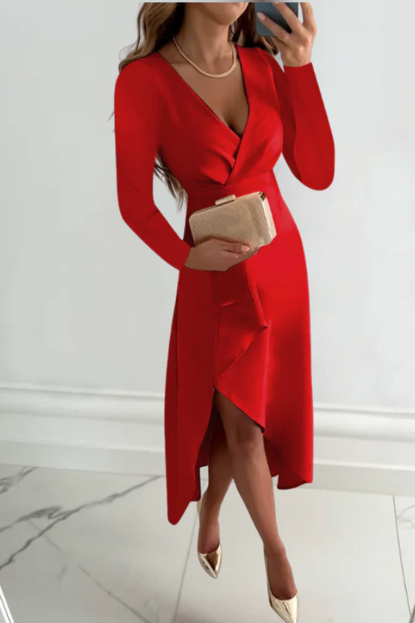 Asymmetric V Neck Midi Dress