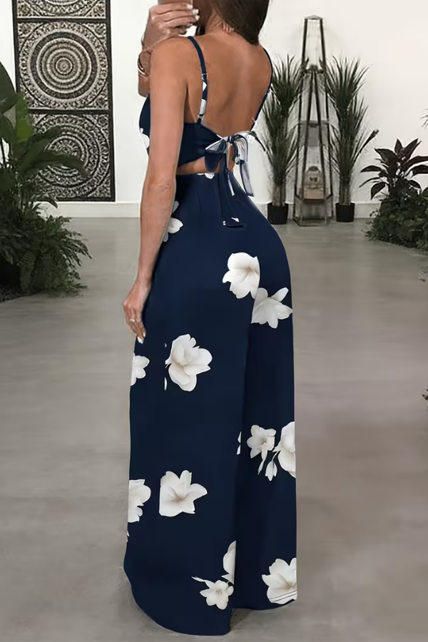 Elegant Floral Spaghetti Strap Wide Leg Jumpsuit