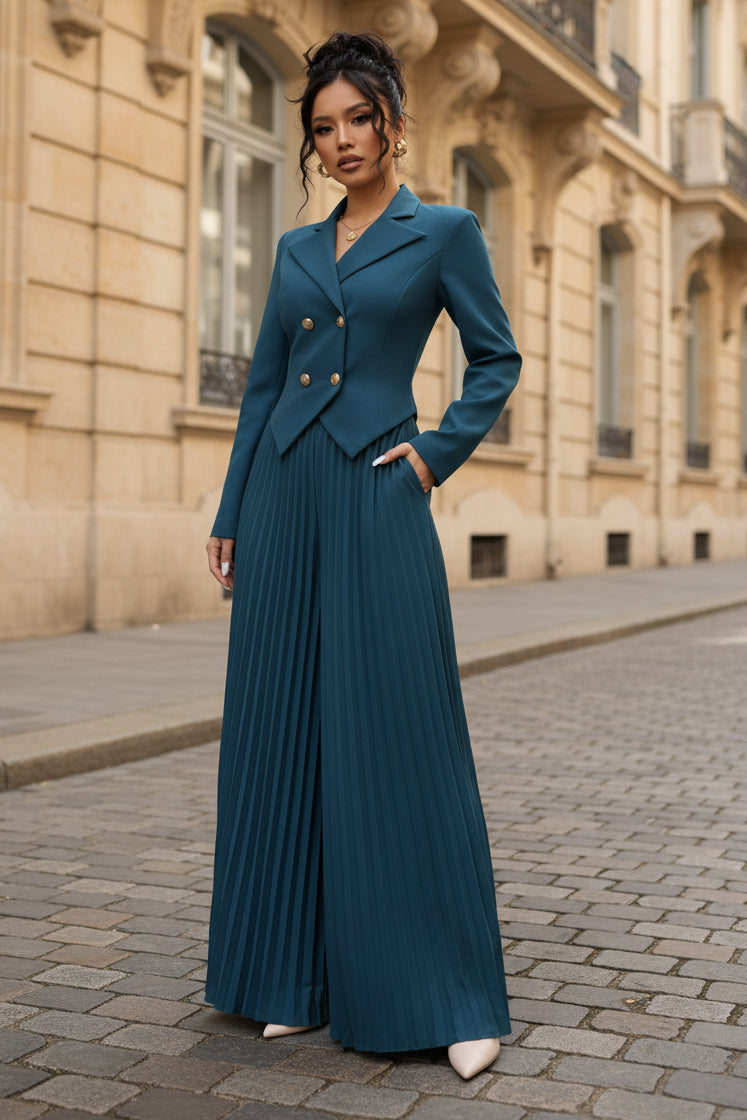 Pleated Wide Leg Pant Suit Set