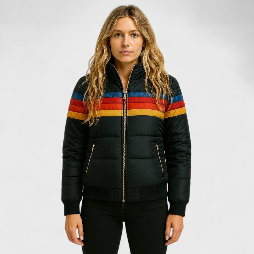 Quilted Striped Zip Front Puffer Jacket