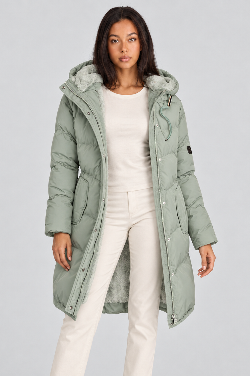 Evie | Women's Long Hooded Puffer Coat with Zip Front