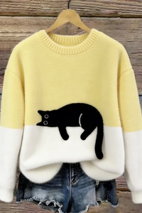 Casual Cat Pattern Knit Sweater